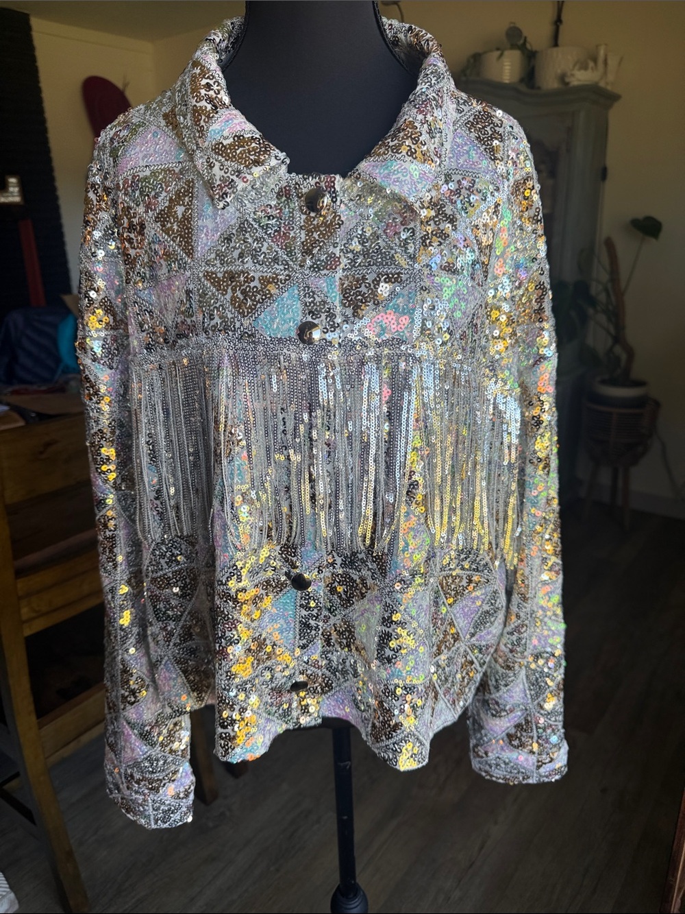 Rockin C Iridescent Sequin Fringe Blazer Jacket - Multicolor